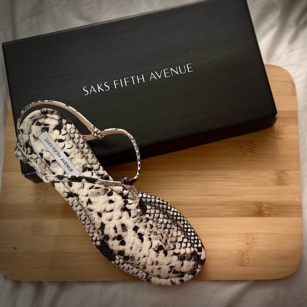 T strap sandals. Snake like animal print.